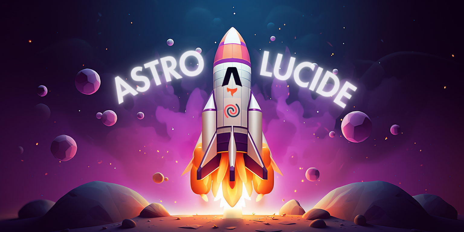 spaceship launching from fictional planet with Astro and Lucide logos