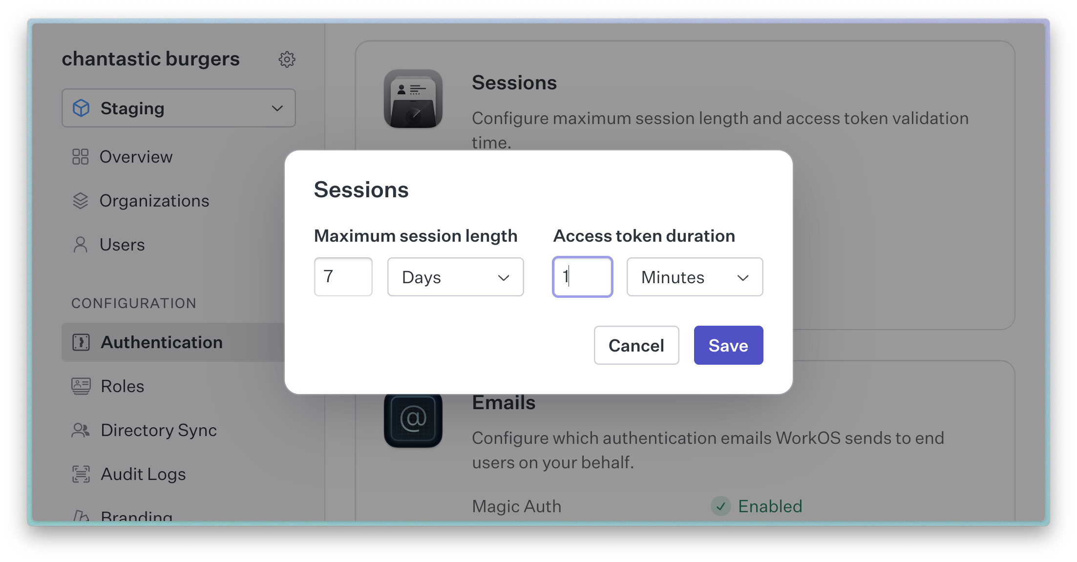 WorkOS Dashbaord > Athentication > Sessions > Configure Access Token Duration