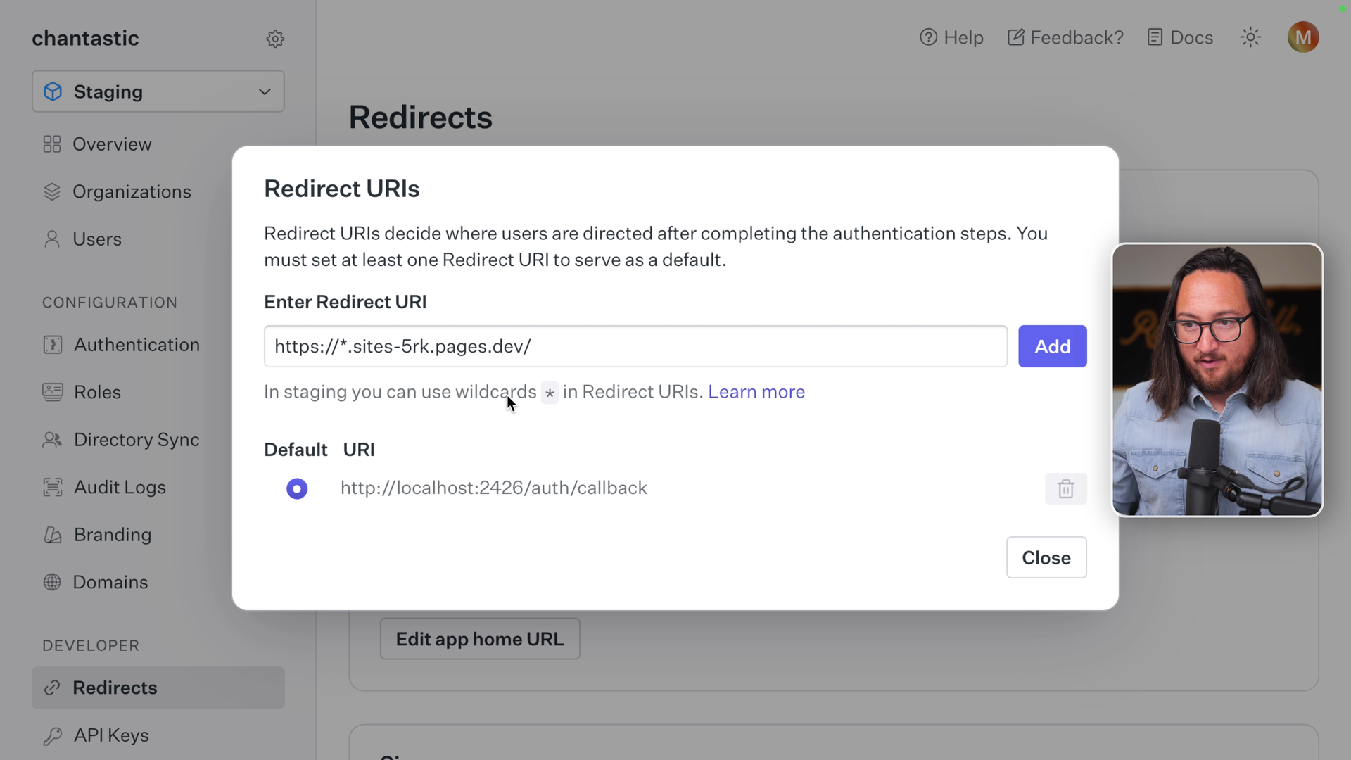 WorkOS Redirects page. Adding a new Redirect URI for a Cloudflaer Pages subdomain, using an asterisk wildcard in place of build id.