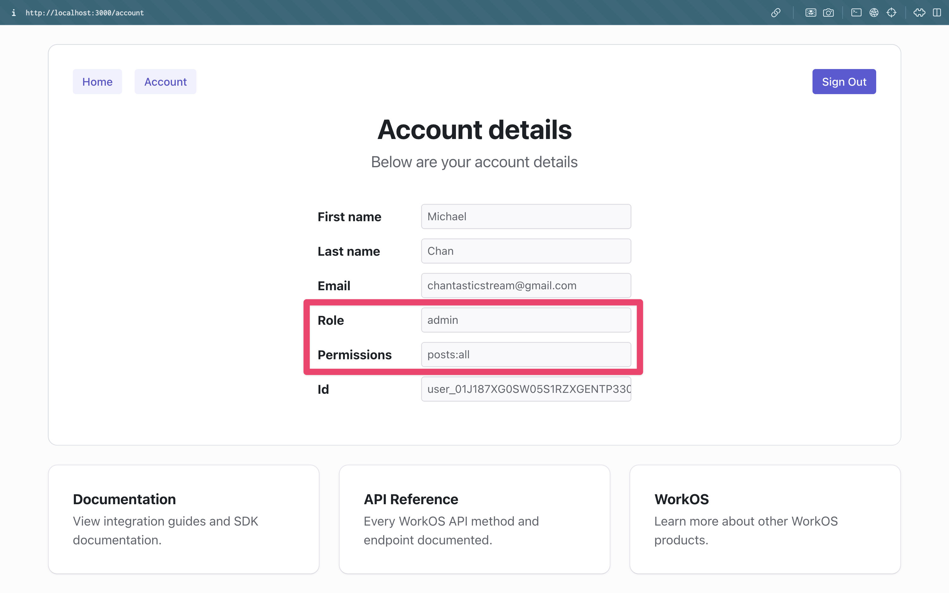 next-auth-example app, logged in, showing details with Admin role and posts permissions.