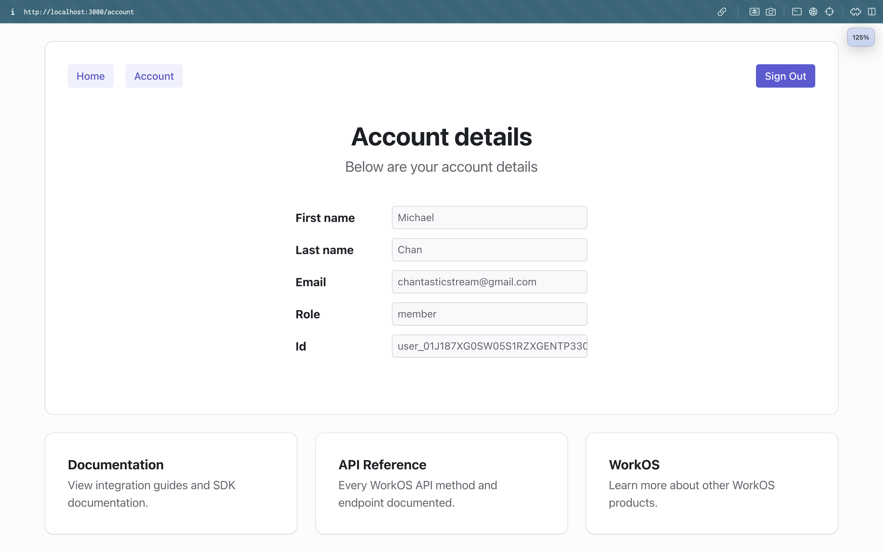 next-authkit-exapmle app, logged in, showing session user and role details but no permissions.