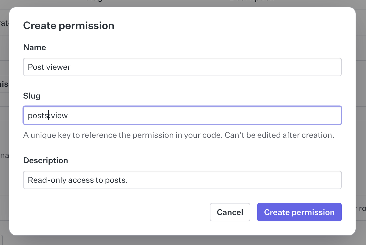 WorkOS create permissions form. Example shows a post permission.