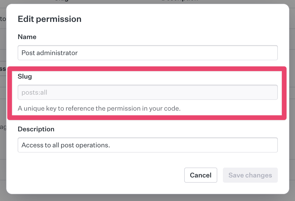 WorkOS edit permissions form, showing that permission slug is not editable.