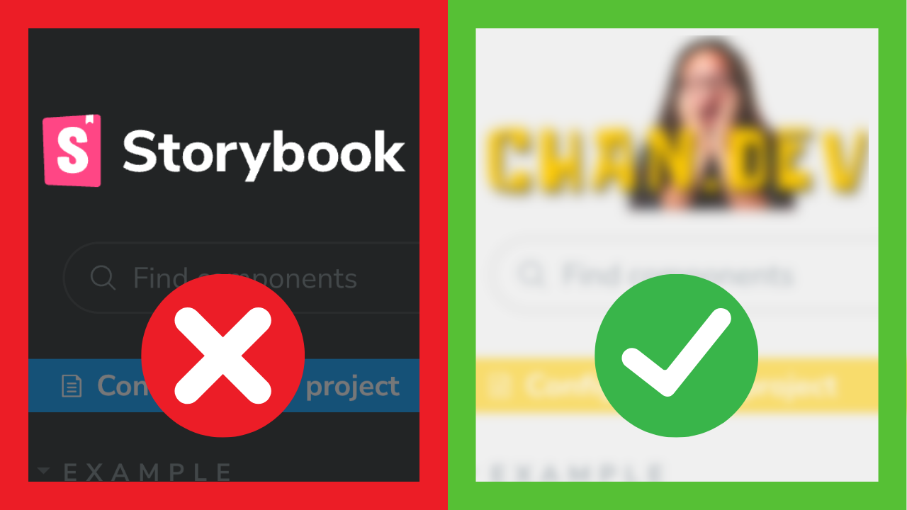 Two frame thumbnail. The left frame is a big red box with Storybook UI. The right frame is a big green box with a blurred out UI with what looks like my stupid face where the Storybook logo is.