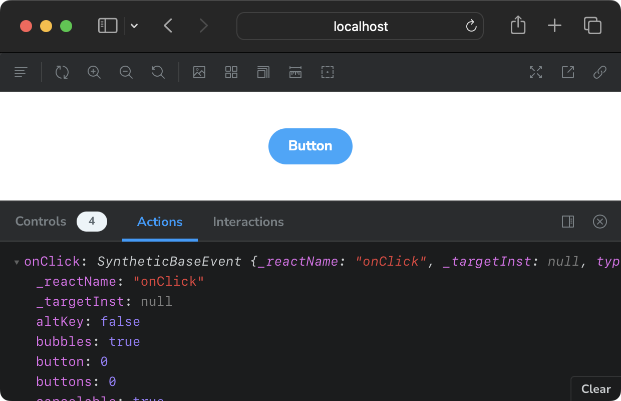 Story for Button that has been clicked. The Actions tab shows a logged onClick common event. This includes the React Event details