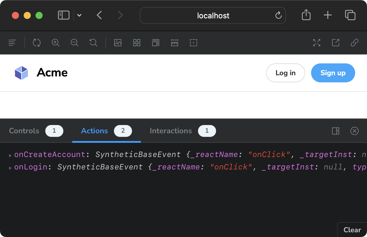Story for Heading that has had Login and Sign up buttons clicked. The Actions tab shows a logged onLogin and onCreateAccount custom events. These include the React Event details