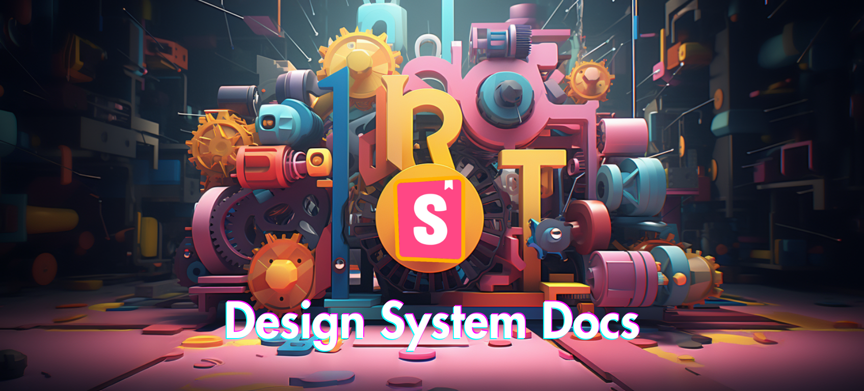 Illustration of a big machine made of shapes and letters illustrating a design system coming together.