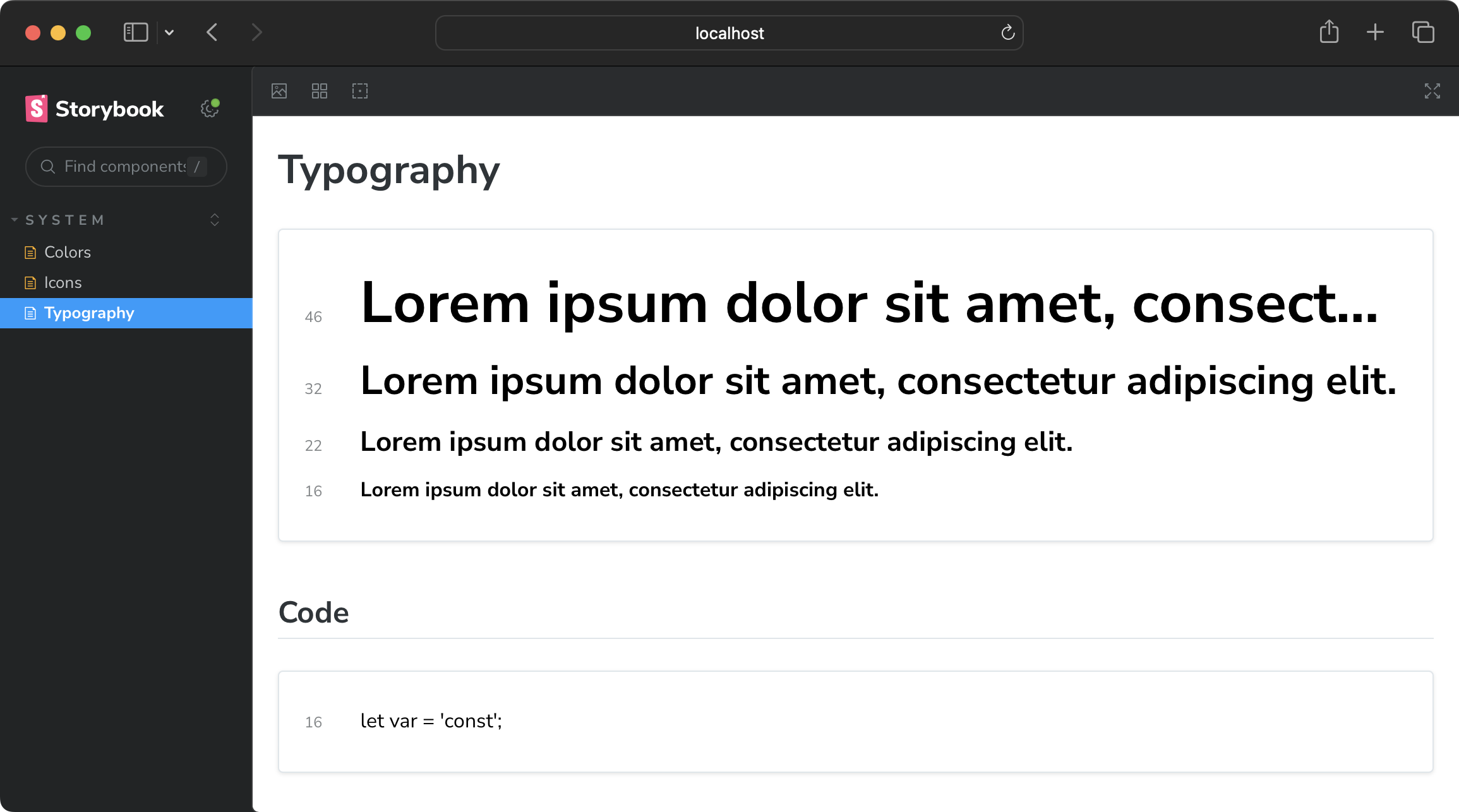 Storybook component library showing sample typography documentation