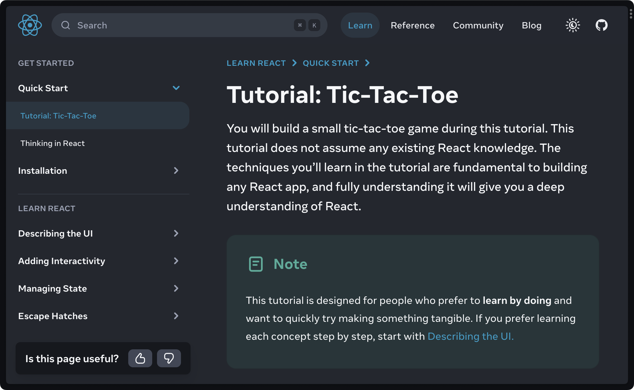 React documentation: Get Started / Tutorial: Tic-Tac-Toe