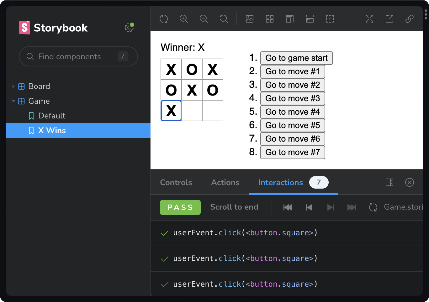 Screenshot of Storybook documenting a tic-tac-toe game component. The game is played via testing-library interactions.
