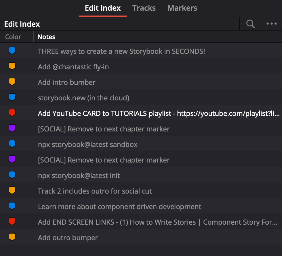 Edit Index panel in DaVinci Resolve&#x27;s Edit page. Shown are blue, orange-yellow, red, and purple markers illustrating the types of notes detailed above.