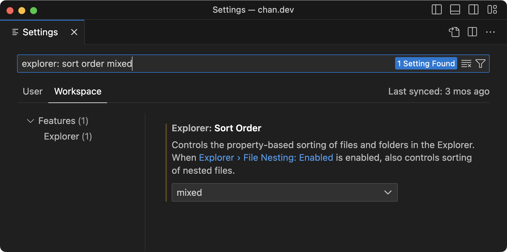 Screenshot of VS Code Settings, for the option Explorer: Sort Order. Selected is the mixed option.